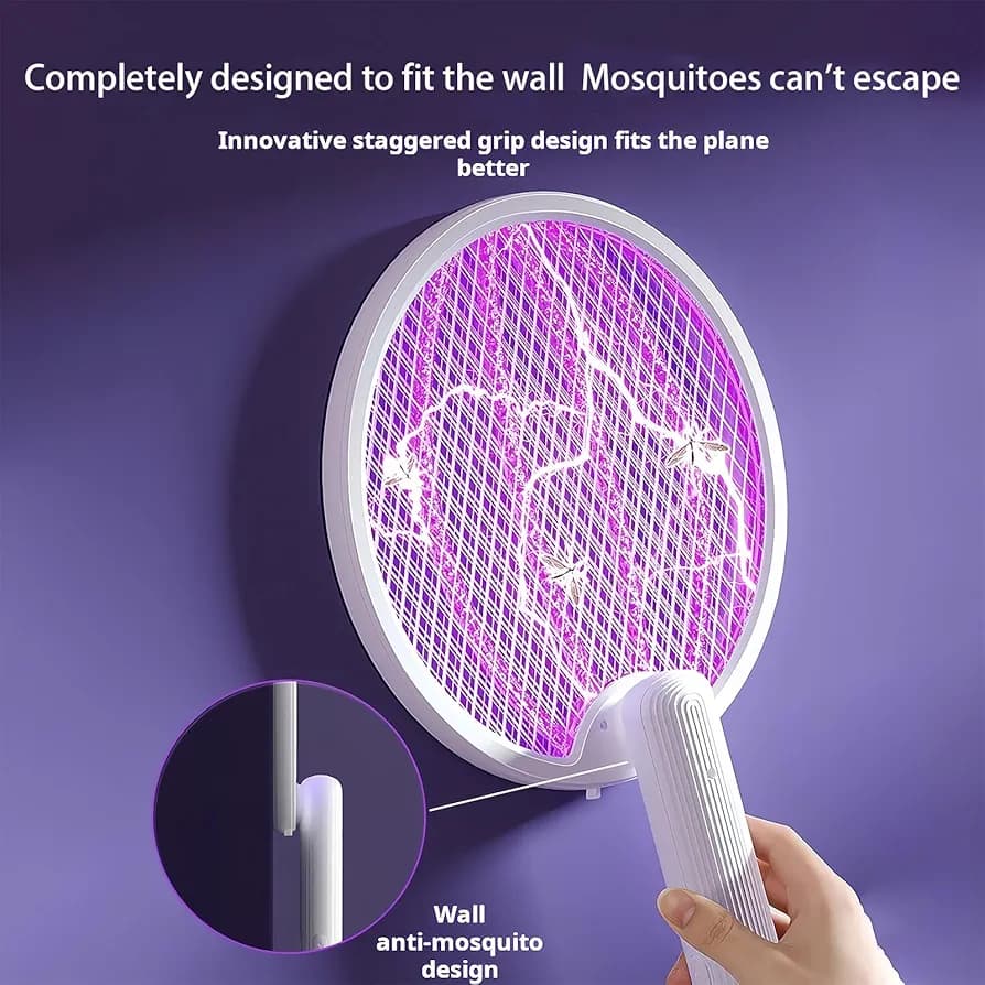 Electric Fly Swatter Mosquito Lamp 2 in 1, Foldable, Standing, Wall Mounted, 3000 V with USB, Rechargeable, Suitable for Home, Garden, Camping, Indoor and Outdoor Use