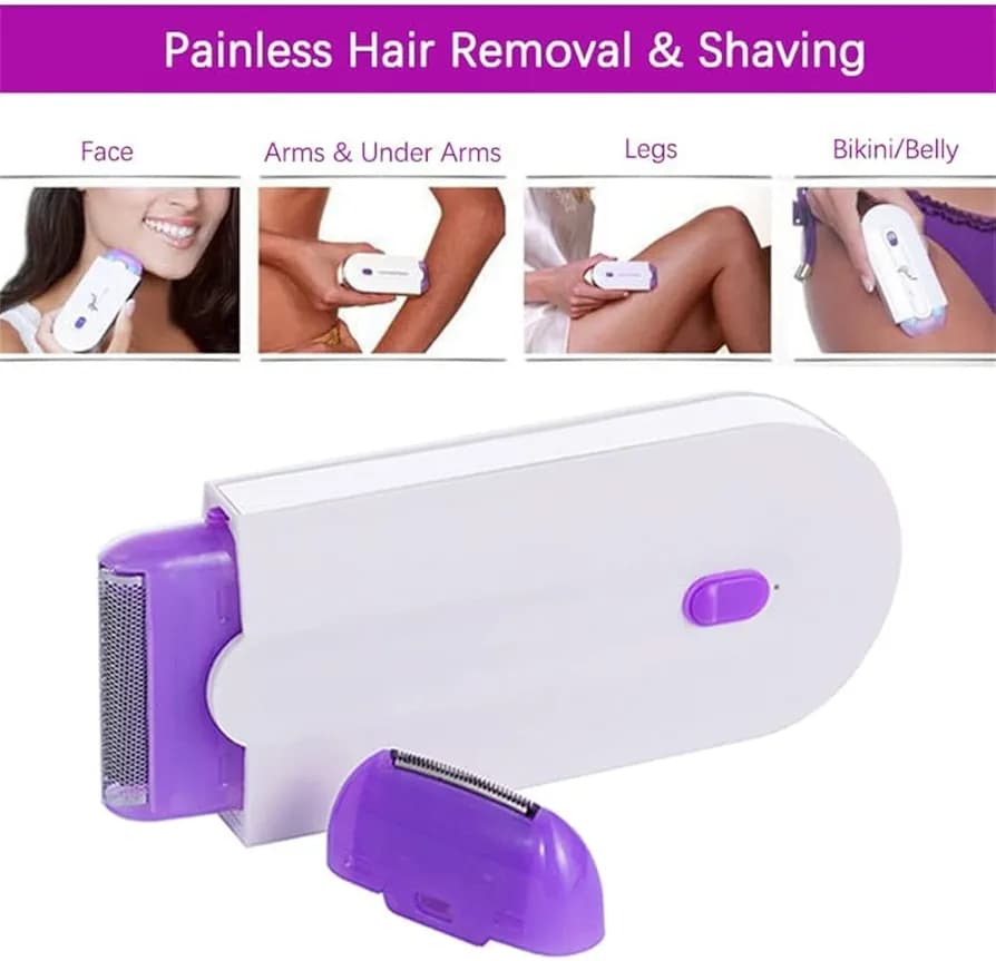 The item depicted is a Finishing Touch Painless Hair Remover, designed for removing hair from the face and body. Key features include: