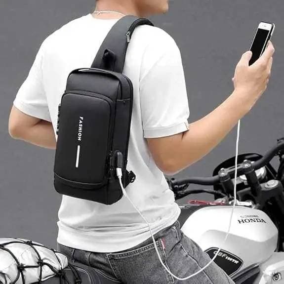 Mens Waterproof Anti Theft Side Bag Sling Chest Bag with USB Charging Password Lock Adjustable Strap Travel Crossbody Messenger Shoulder Bag