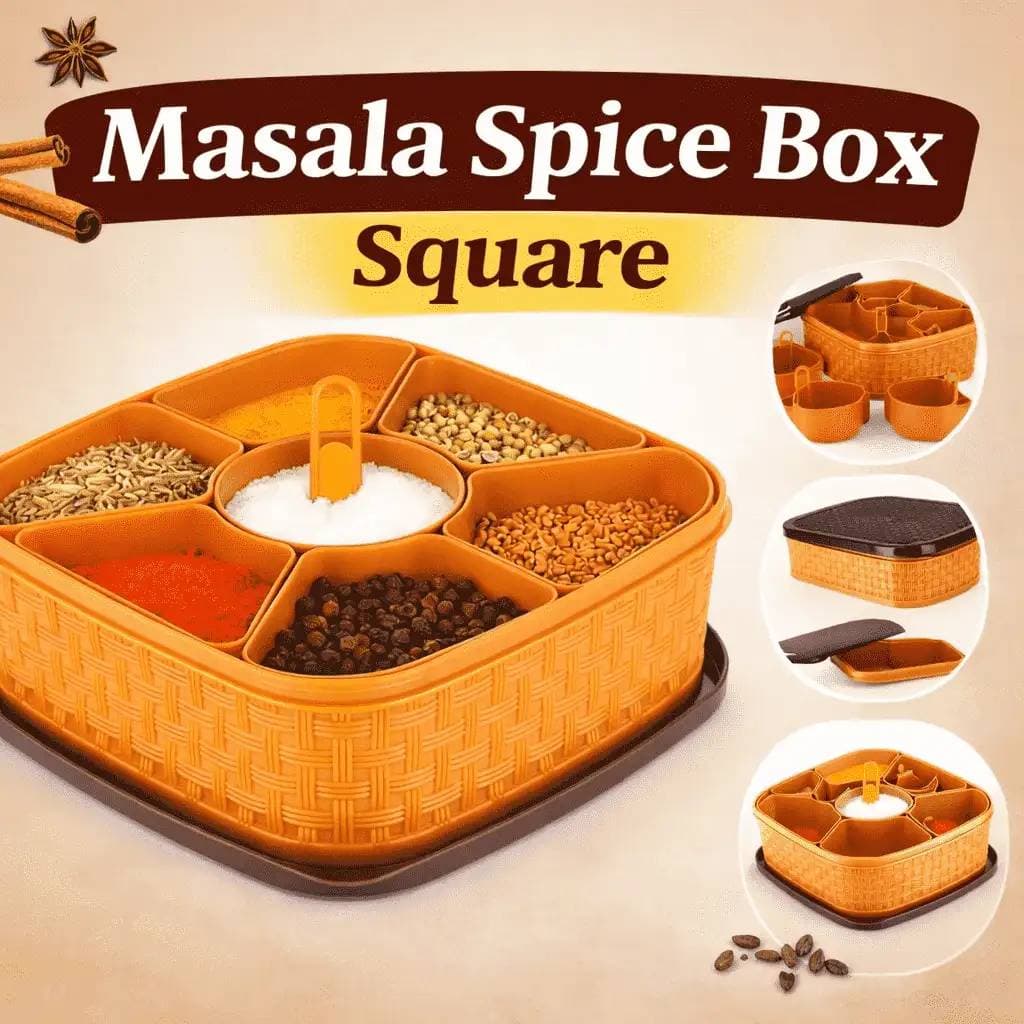 Masala Box Square Multi Purpose Spice Container with Airtight Lid and 6 Compartments for Kitchen Organization
